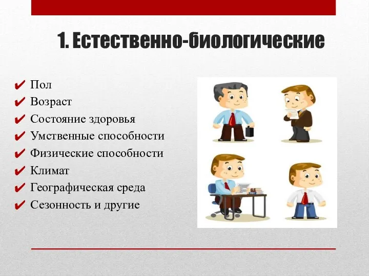 1. Естественно-биологические Пол Возраст Состояние здоровья Умственные способности Физические способности Климат Географическая среда Сезонность и другие