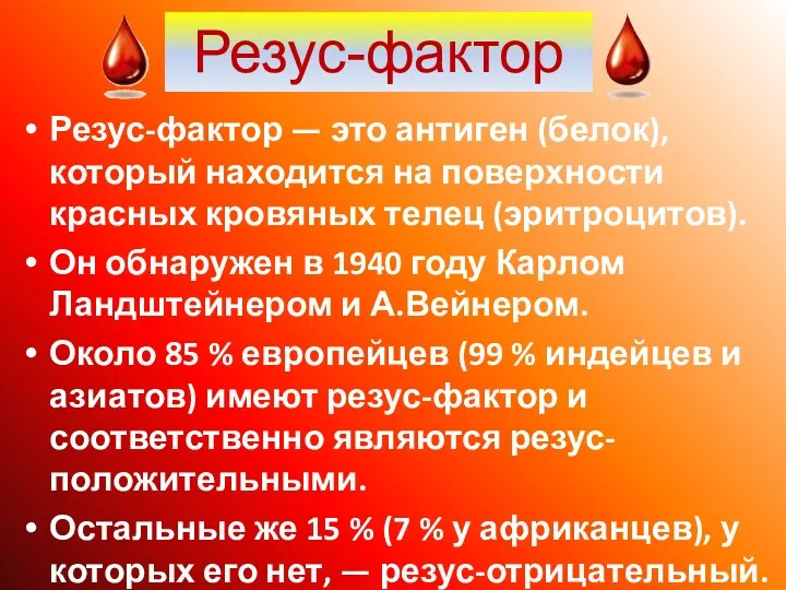 Резус-фактор — это антиген (белок), который находится на поверхности красных