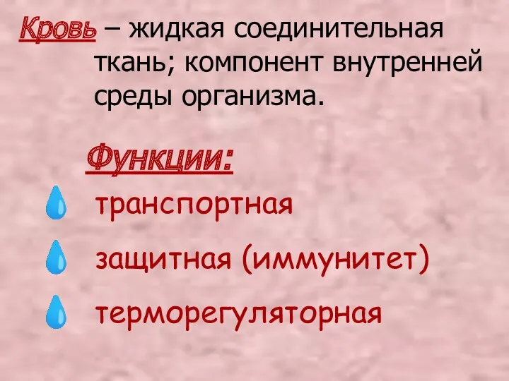 Кровь – жидкая соединительная ткань; компонент внутренней среды организма. Функции: транспортная защитная (иммунитет) терморегуляторная