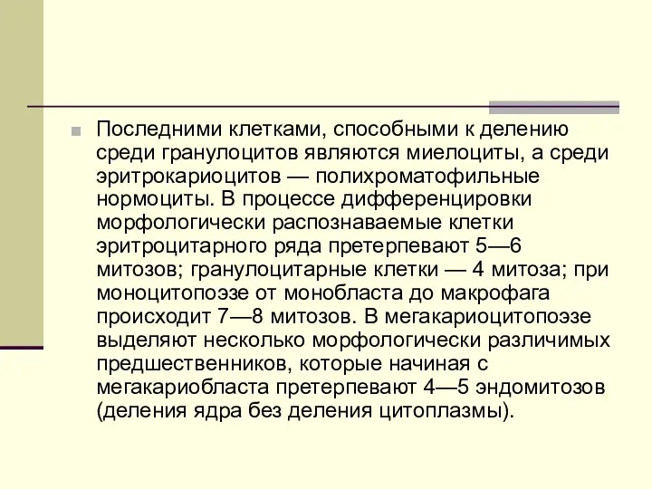 Последними клетками, способными к делению среди гранулоцитов являются миелоциты, а