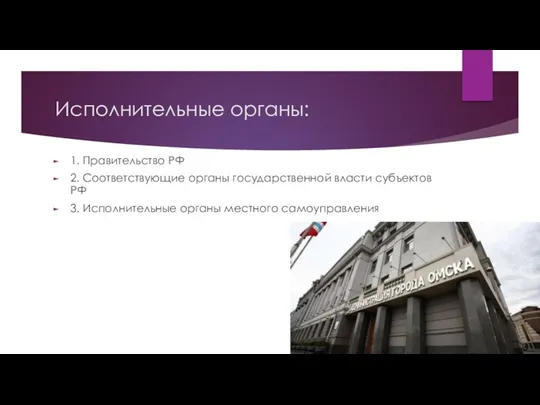Исполнительные органы: 1. Правительство РФ 2. Соответствующие органы государственной власти