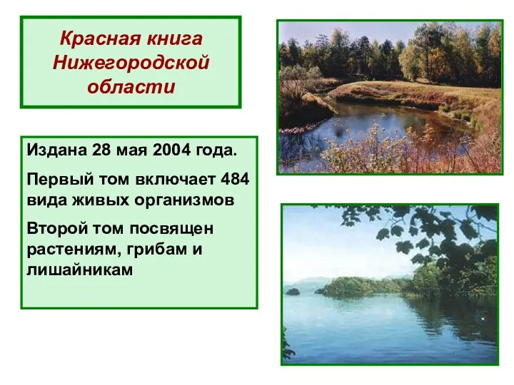 Красная книга Нижегородской области Издана 28 мая 2004 года. Первый том включает 484