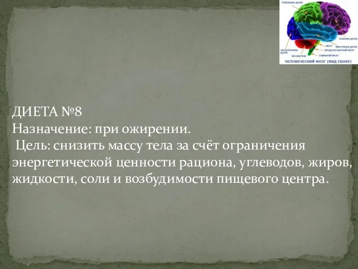 ДИЕТА №8 Назначение: при ожирении. Цель: снизить массу тела за