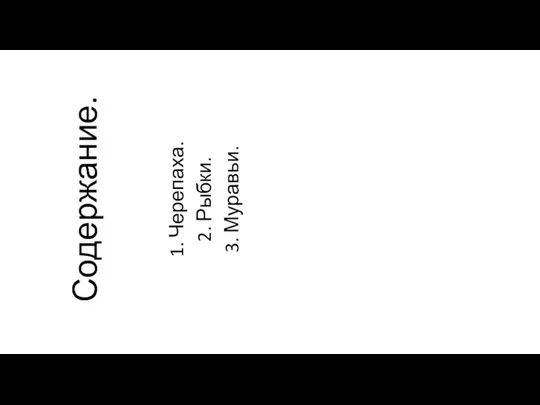 Содержание. 1. Черепаха. 2. Рыбки. 3. Муравьи.