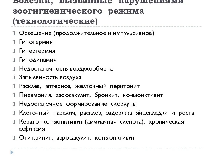 Болезни, вызванные нарушениями зоогигиенического режима (технологические) Освещение (продолжительное и импульсивное)