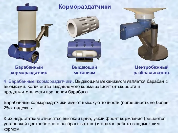 Кормораздатчики Барабанный кормораздатчик Выдающий механизм Центробежный разбрасыватель 4. Барабанные кормораздатчики.