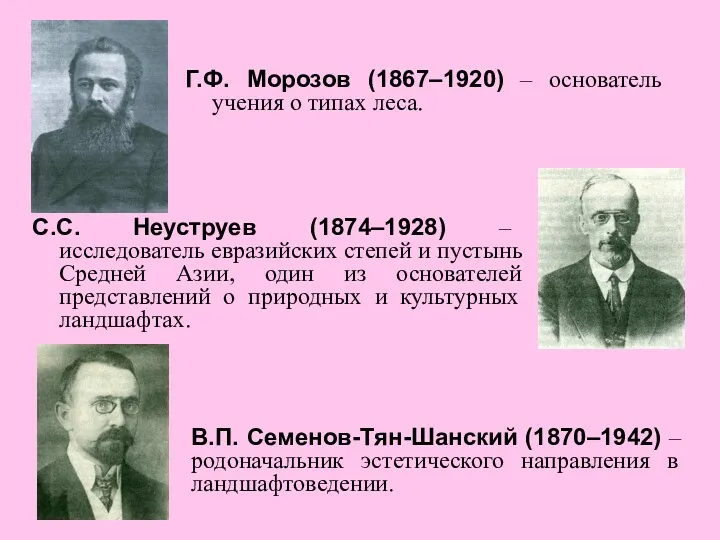 В.П. Семенов-Тян-Шанский (1870–1942) –родоначальник эстетического направления в ландшафтоведении. Г.Ф. Морозов