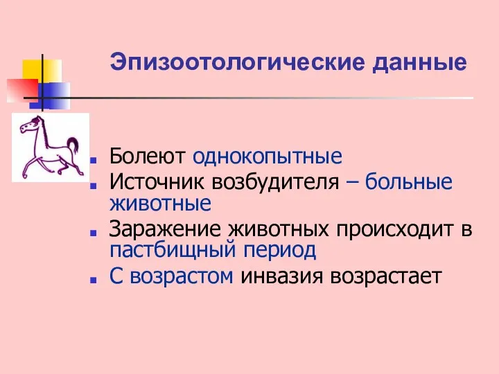 Эпизоотологические данные Болеют однокопытные Источник возбудителя – больные животные Заражение