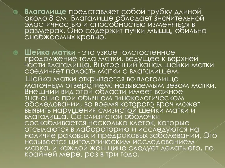 Влагалище представляет собой трубку длиной около 8 см. Влагалище обладает