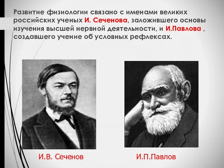Развитие физиологии связано с именами великих российских ученых И. Сеченова,