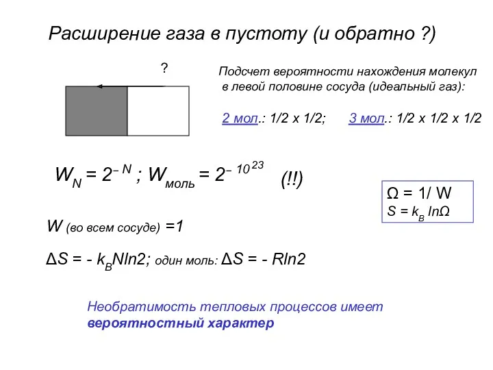 Расширение газа в пустоту (и обратно ?) ? Подсчет вероятности