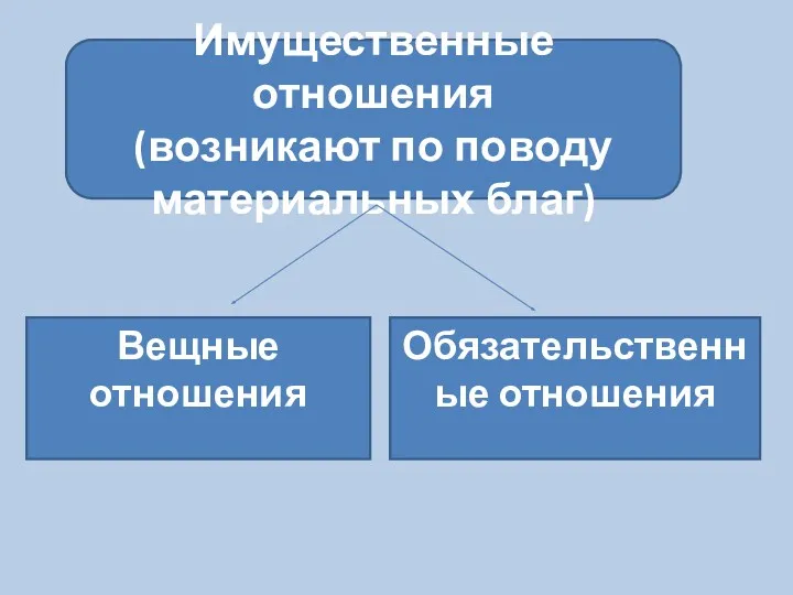 Имущественные отношения (возникают по поводу материальных благ) Вещные отношения Обязательственные отношения