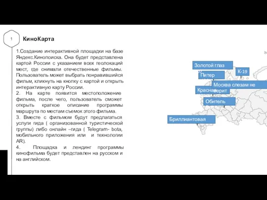 1 КиноКарта 1.Создание интерактивной площадки на базе Яндекс.Кинопоиска. Она будет представлена картой России