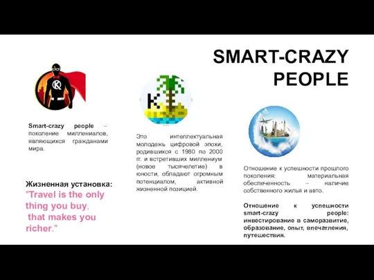 Smart-crazy people – поколение миллениалов, являющихся гражданами мира. SMART-CRAZY PEOPLE Это интеллектуальная молодежь