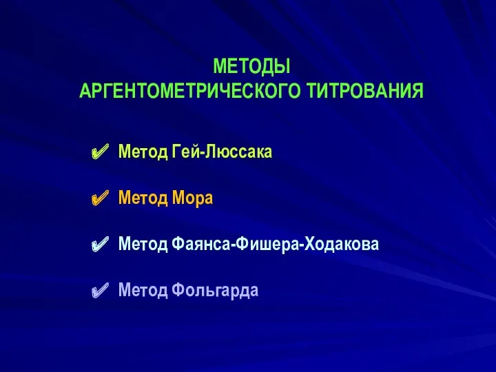 МЕТОДЫ АРГЕНТОМЕТРИЧЕСКОГО ТИТРОВАНИЯ Метод Гей-Люссака Метод Мора Метод Фаянса-Фишера-Ходакова Метод Фольгарда