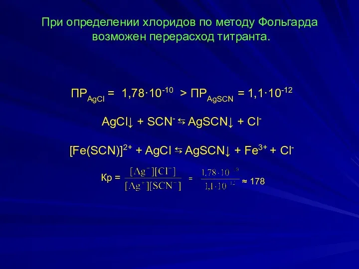 При определении хлоридов по методу Фольгарда возможен перерасход титранта. ПРAgCl