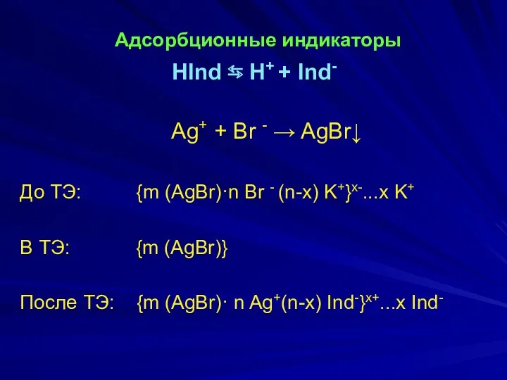 Адсорбционные индикаторы НInd ⇆ Н+ + Ind- Ag+ + Br