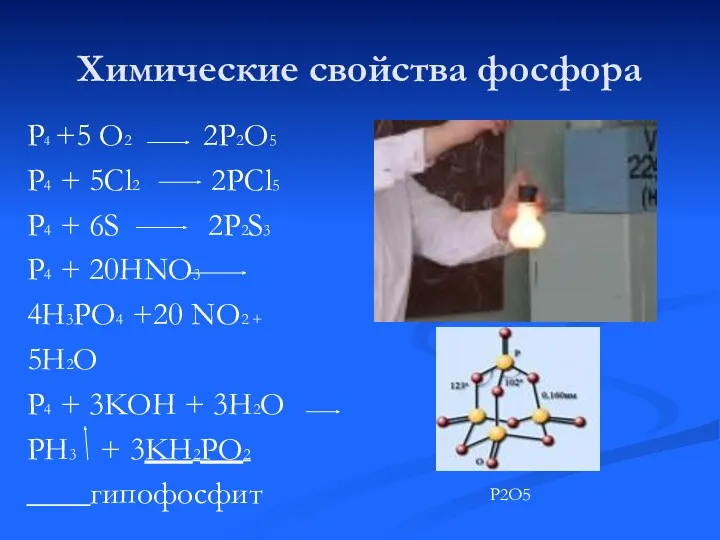 Химические свойства фосфора P4 +5 O2 2P2O5 P4 + 5Cl2