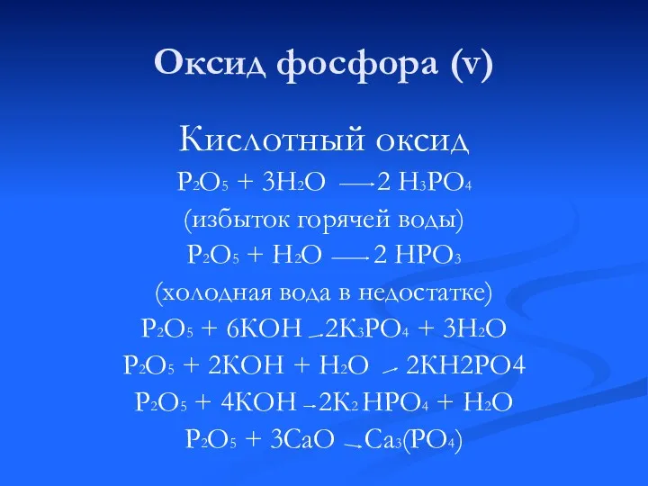 Оксид фосфора (v) Кислотный оксид P2O5 + 3H2O 2 H3PO4