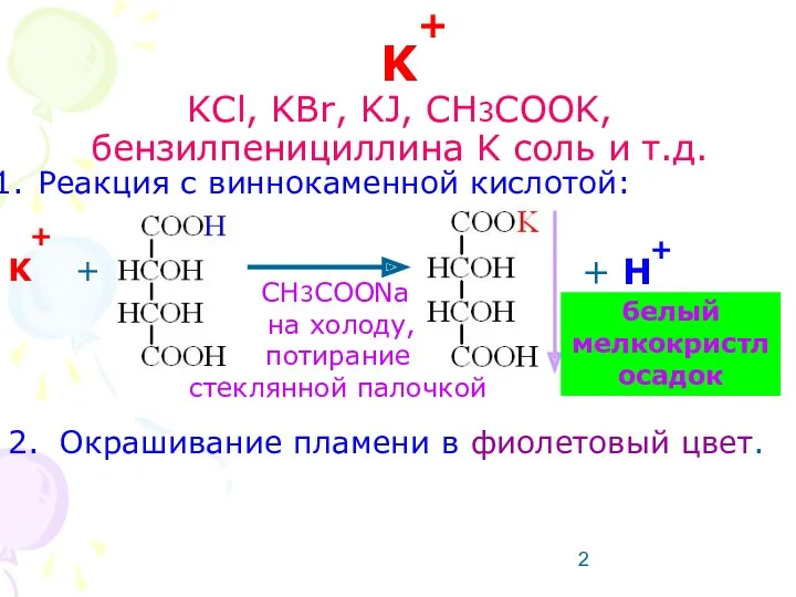 K KCl, KBr, KJ, CH3COOK, бензилпенициллина K соль и т.д.