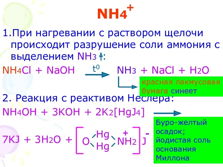 NH4 1.При нагревании с раствором щелочи происходит разрушение соли аммония