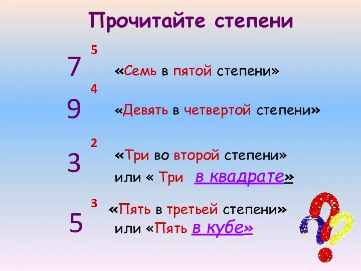 5 7 «Семь в пятой степени» 9 4 «Девять в