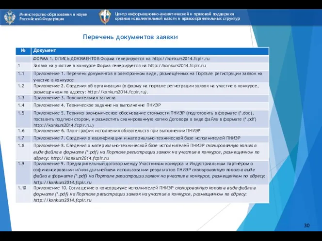 Перечень документов заявки Центр информационно-аналитической и правовой поддержки органов исполнительной власти и правоохранительных