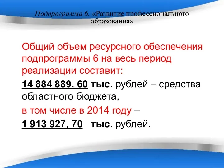 Подпрограмма 6. «Развитие профессионального образования» Общий объем ресурсного обеспечения подпрограммы