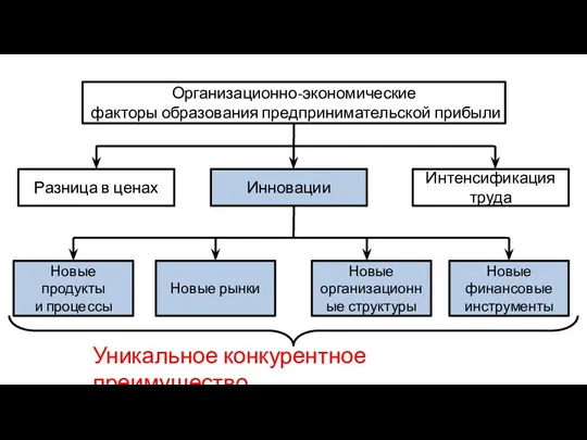 Организационно-экономические факторы образования предпринимательской прибыли Разница в ценах Инновации Интенсификация