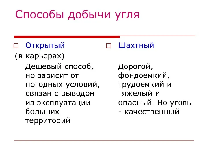 Способы добычи угля Открытый (в карьерах) Дешевый способ, но зависит