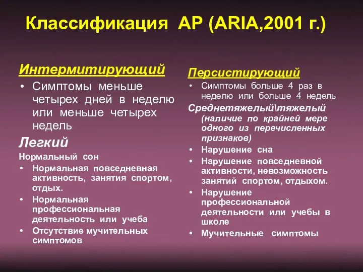 Классификация АР (ARIA,2001 г.) Интермитирующий Симптомы меньше четырех дней в неделю или меньше