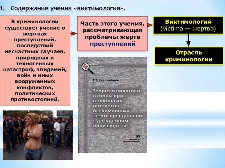 Виктимология (victima — жертва) Часть этого учения, рассматривающая проблемы жертв