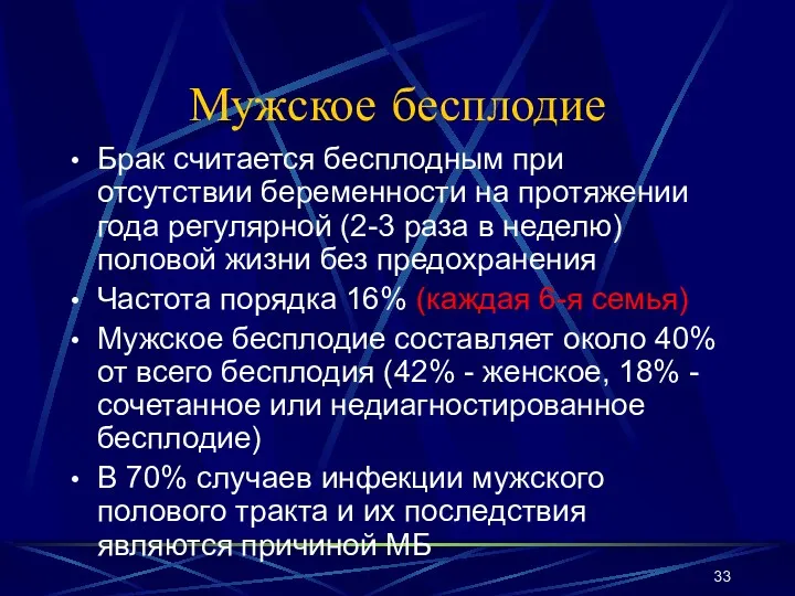 Мужское бесплодие Брак считается бесплодным при отсутствии беременности на протяжении