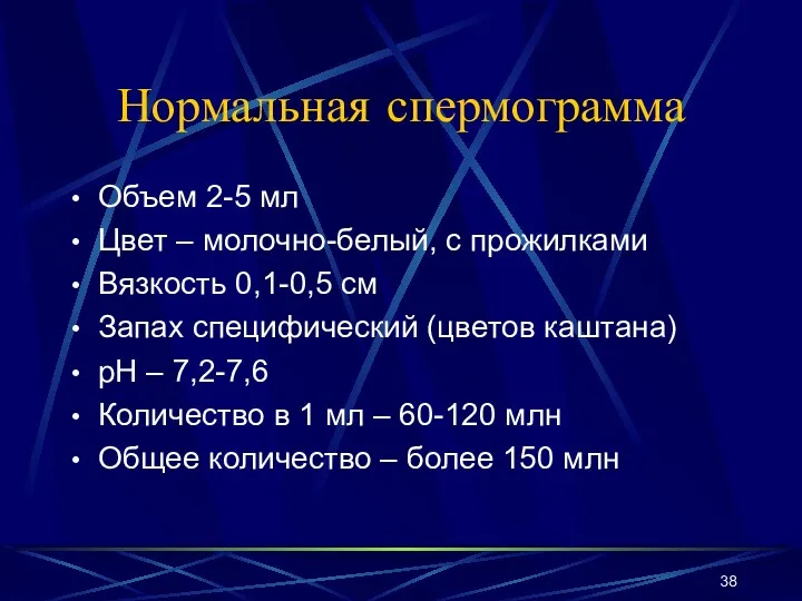 Нормальная спермограмма Объем 2-5 мл Цвет – молочно-белый, с прожилками