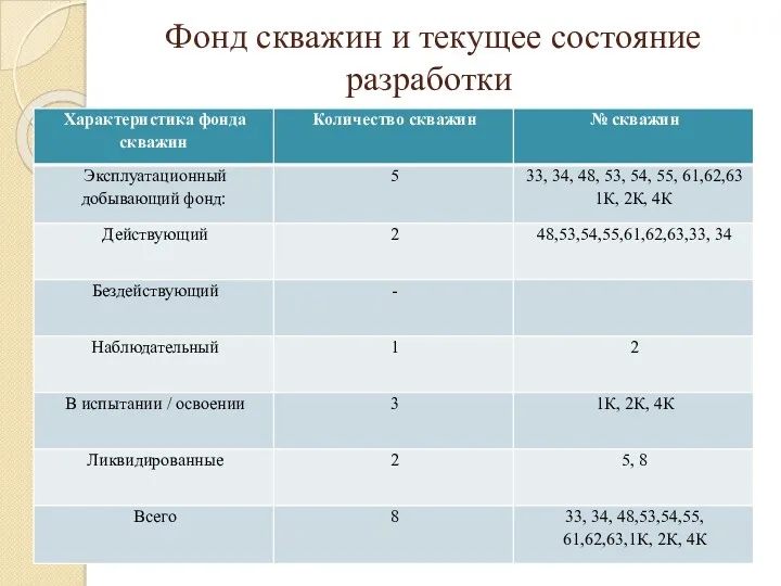 Фонд скважин и текущее состояние разработки