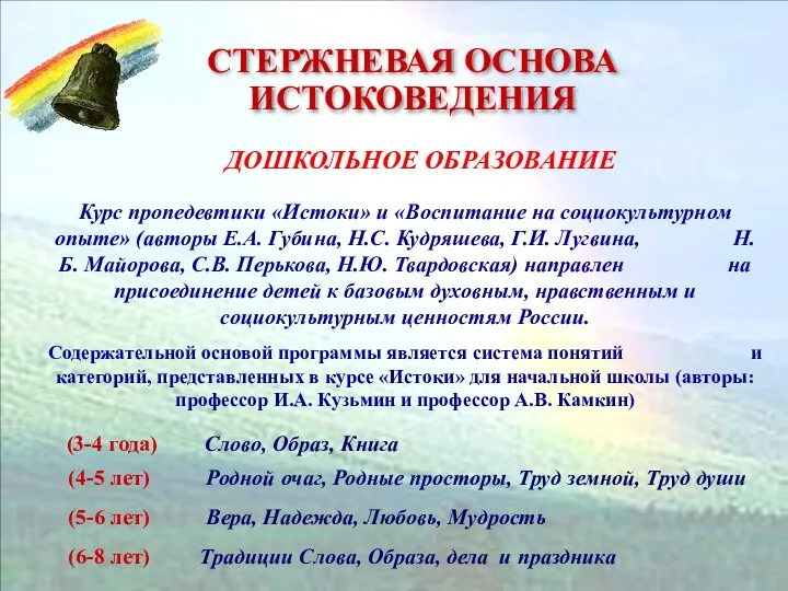 Курс пропедевтики «Истоки» и «Воспитание на социокультурном опыте» (авторы Е.А. Губина, Н.С. Кудряшева,