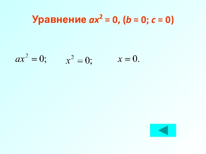 Уравнение ax2 = 0, (b = 0; c = 0)