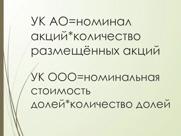 УК АО=номинал акций*количество размещённых акций УК ООО=номинальная стоимость долей*количество долей