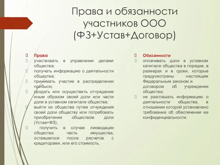 Права и обязанности участников ООО (ФЗ+Устав+Договор) Права участвовать в управлении