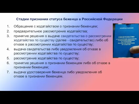 Стадии признания статуса беженца в Российской Федерации Обращение с ходатайством о признании беженцем;