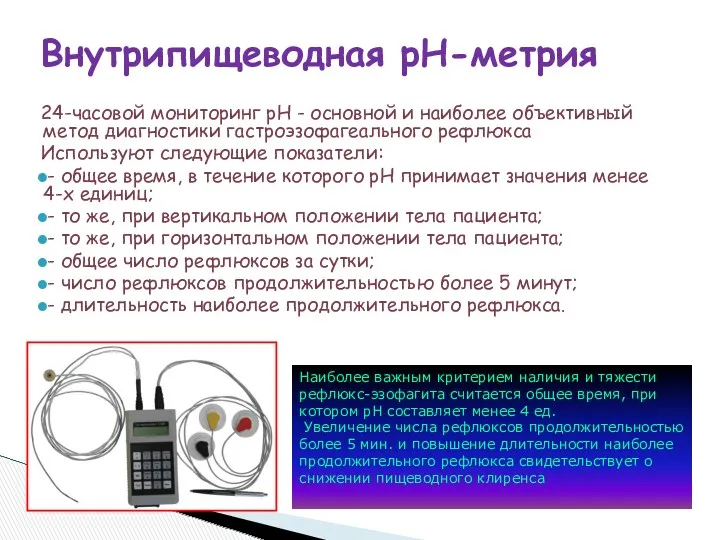 24-часовой мониторинг рН - основной и наиболее объективный метод диагностики