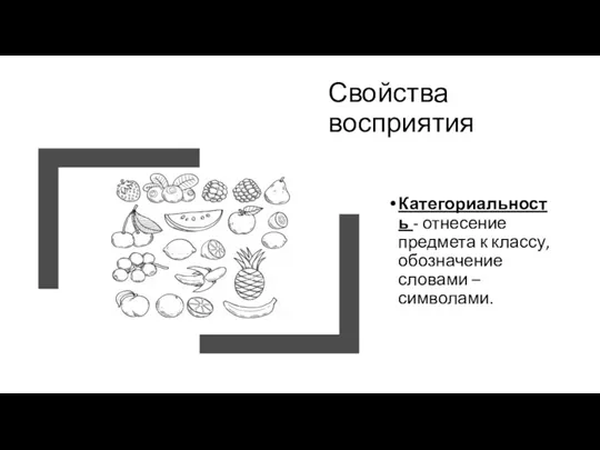 Свойства восприятия Категориальность - отнесение предмета к классу, обозначение словами – символами.