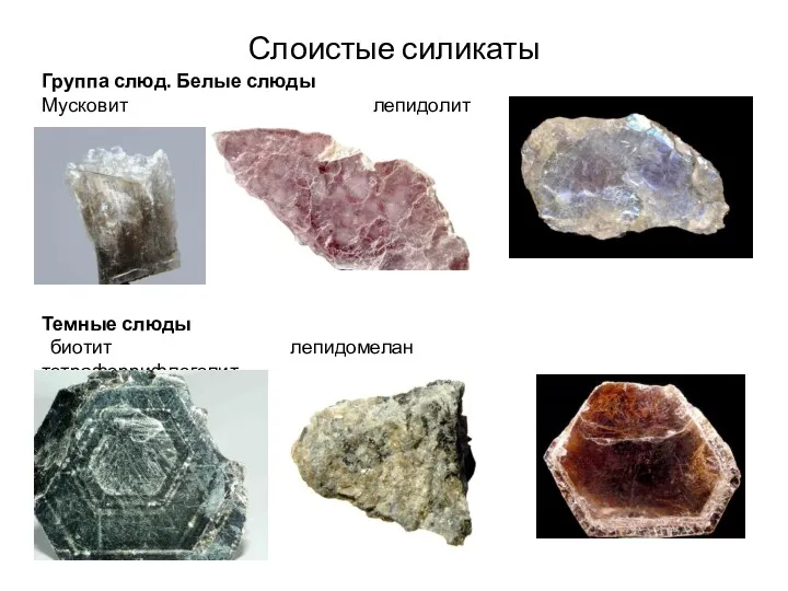 Слоистые силикаты Группа слюд. Белые слюды Мусковит лепидолит Темные слюды биотит лепидомелан тетраферрифлогопит