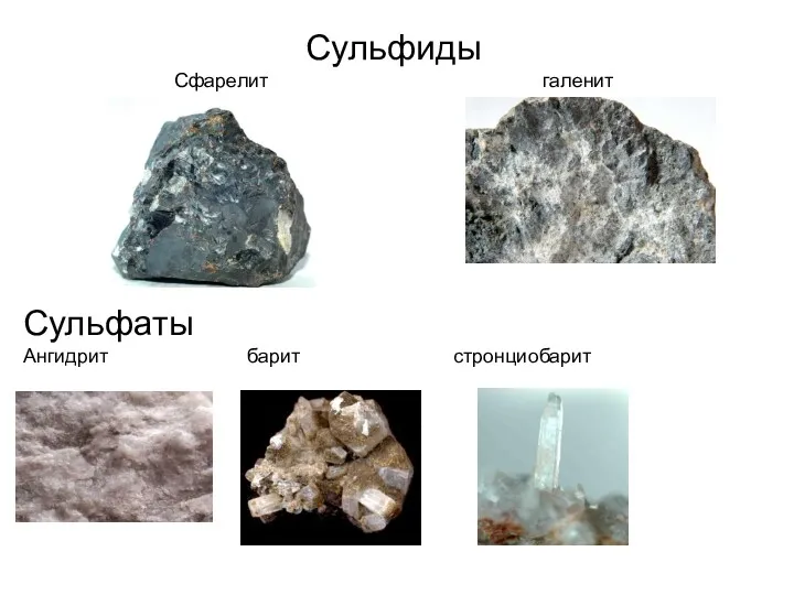 Сульфиды Сфарелит галенит Сульфаты Ангидрит барит стронциобарит