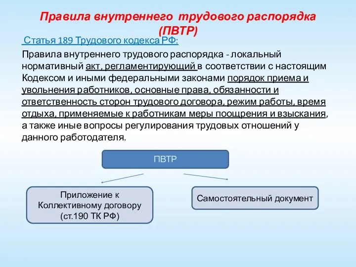 Правила внутреннего трудового распорядка (ПВТР) Статья 189 Трудового кодекса РФ: