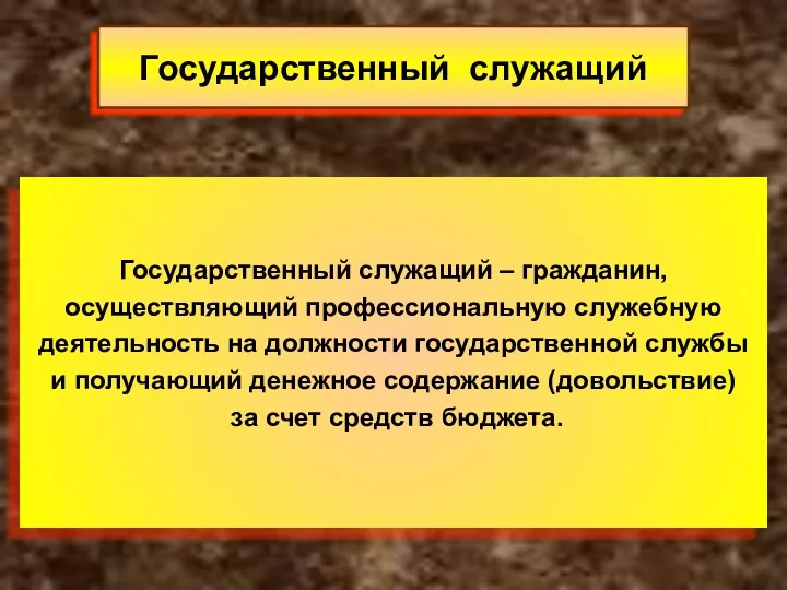 Государственный служащий Государственный служащий – гражданин, осуществляющий профессиональную служебную деятельность