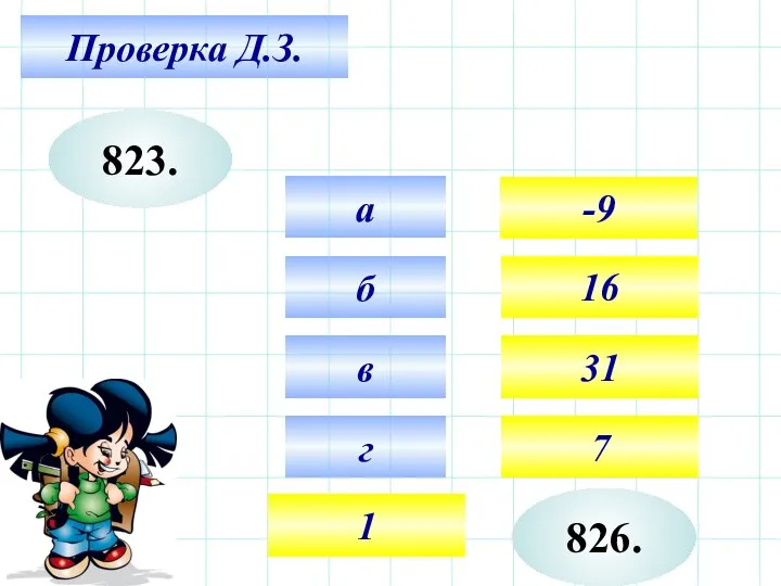 Проверка Д.З. 823. а б в г -9 16 31 7 826. 1