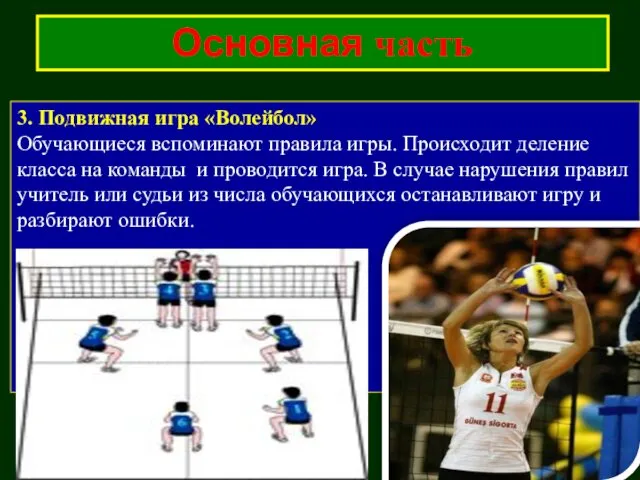 Основная часть 3. Подвижная игра «Волейбол» Обучающиеся вспоминают правила игры.