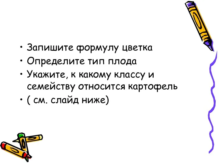 Запишите формулу цветка Определите тип плода Укажите, к какому классу