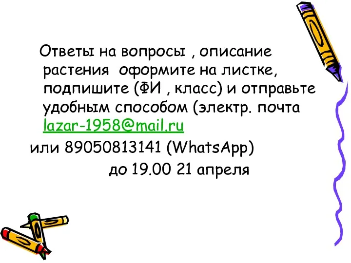 Ответы на вопросы , описание растения оформите на листке, подпишите